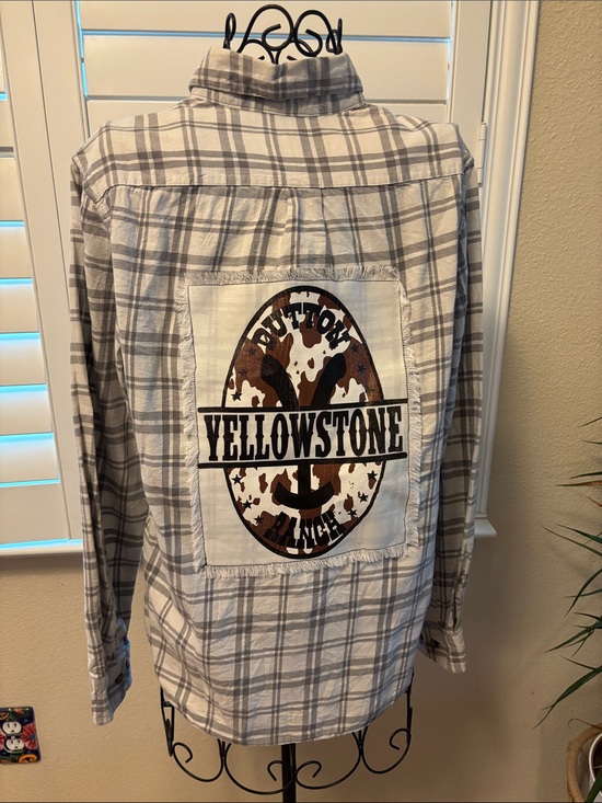 Handmade Tops - Handmade one of a kind Yellowstone Plaid Patch Back Button-Up Shirt - White/Grey